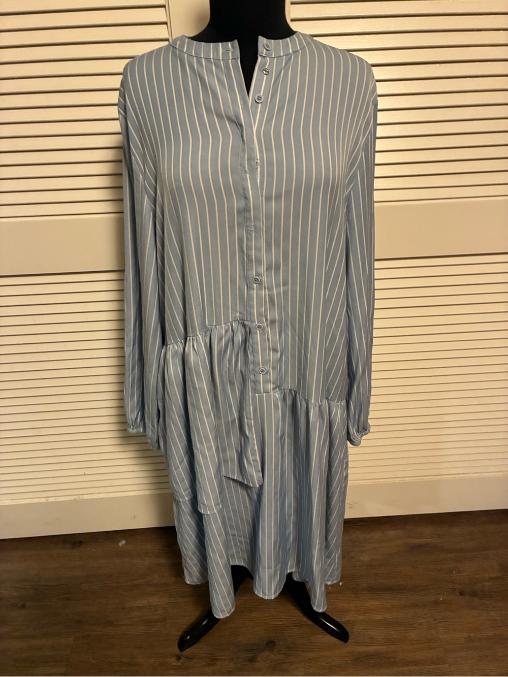 Striped Light Blue Midi Shirt Dress with Tiered Skirt
